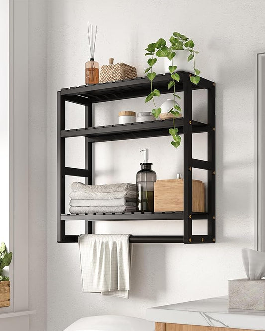 Galood Over The Toilet Storage Bathroom Shelves Wall Mounted 3 Tier Black-L | Space Saver Corner Shelf Organizer Bamboo Towel Rack Toilet Paper Cabinet with Hanging Rod