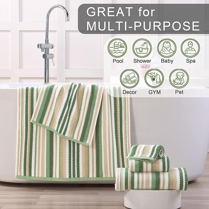 VOOVA & MOVAS Striped Washcloths 6 Pack, 100% Cotton, 13x13 in, Sage Beige | Great for Daily Bathroom Facial Use, Quick Dry, Soft, Absorbent, Luxury Wash Cloths