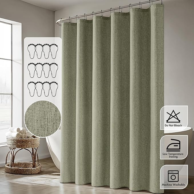ANRODUO Olive Green Extra Long Linen Fabric Shower Curtain Set - W72xL96 | Farmhouse Shower Curtain with 12 Metal Hooks, Waterproof Heavy Duty, Button Hole Design, Machine Washable for Bathroom