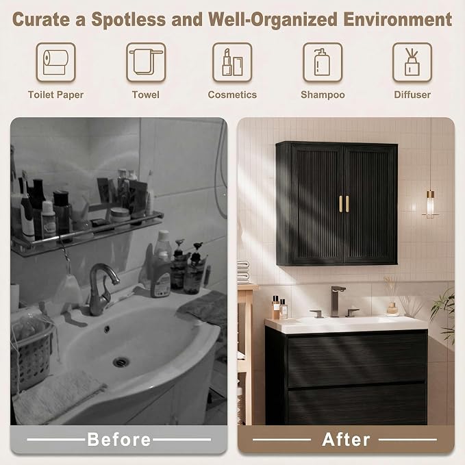 Bathroom Storage Cabinet, Over The Toilet Storage Cabinet, Medicine Cabinet with Adjustable Wood Shelf & Doors for Laundry Room & Kitchen & Living Room(Black)