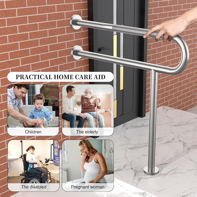 32 Inch Toilet Support Rail, Munzong Satin Brushed Nickel Handicap Grab Bar | Anti-Slip Stainless Steel Knurled Safety handrails with Leg for Bathroom Elderly Disabled Pregnant-1.25’Tube