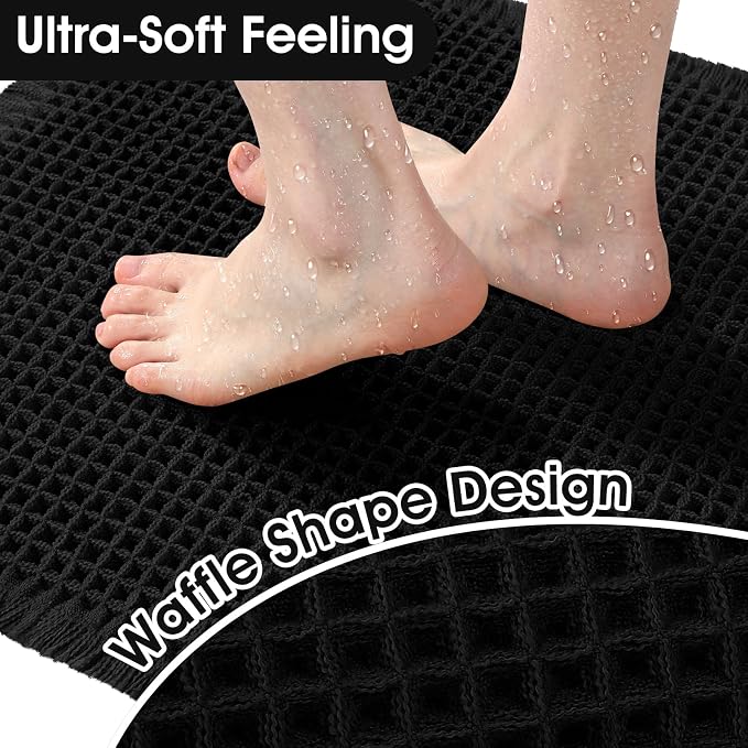 Upgraded Waffle Bath Mat, 36"x24" Black, Super Absorbent Non-Slip Quick Dry Bathroom Rugs with Tassels, Machine Washable Ultra Soft Boho Bath Rugs for Floor, Toilet Mats Boho Farmhouse Decor