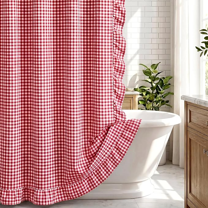 HunnmingRe Ruffled Gingham Shower Curtain Red | 72'' x 72'' Vintage Farmhouse Curtain, Cotton Cottage Core Rural Checkered Plaid Decor, Fall Shower Curtain for Bathroom