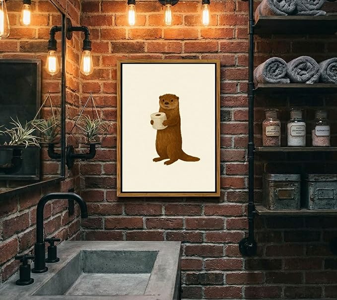 Floating Framed Funny Bathroom Otter Canvas Wall Art Cute Otter Painting Picture Wall Decor Humor Bathroom Animal Poster Print Artwork for Washroom Bathroom Toilet Home Decoration 16x24in
