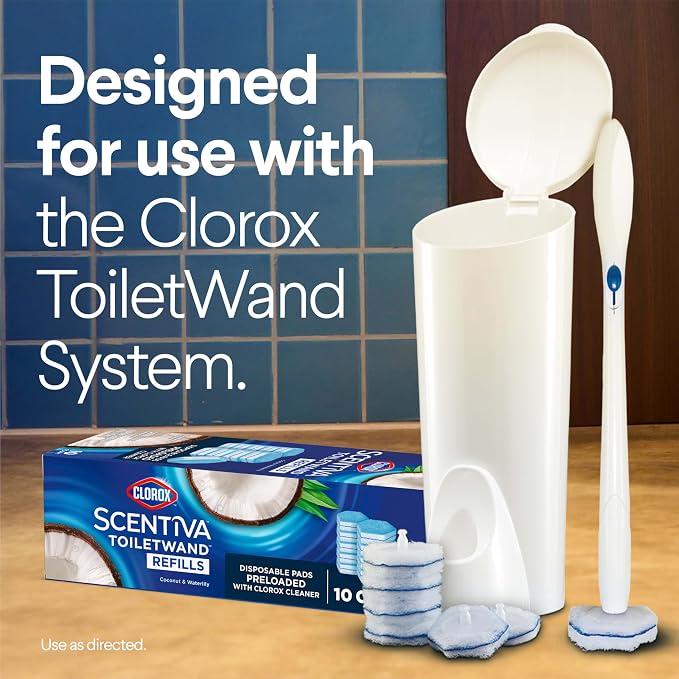 Clorox Scentiva ToiletWand Refills, Coconut and Waterlily, 10 Count | Disposable Toilet Brush Scrubbing Pads, Eliminates Hard Water and Lime Stains 2X Better than a Manual Brush