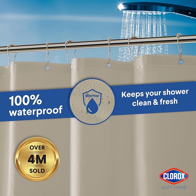 Clorox Shower Curtain Liner, Premium Colored Medium-Weight Durable Waterproof 6g PEVA for Bathroom with Weighted Magnets, Standard Size 72" x 72", Tan