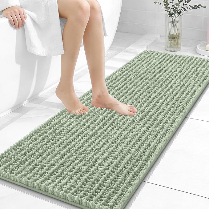 OLANLY Bathroom Runner Rugs 47x17, Thick Soft Absorbent Chenille Bath Rugs | Sage Green, Quick-Drying Rubber Backing, Long Shaggy Bath Mat, Washable for Floor, Tub and Shower, Home Decor Accessories