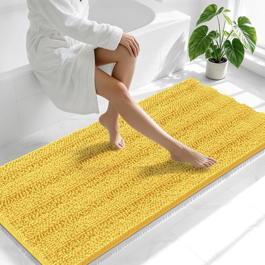 Smiry Thick Chenille Bathroom Runner Rugs 59x24, Absorbent Bath Mat, Yellow | Quick‑Dry & Machine Washable, Non‑Slip Bath Carpet, Soft Striped Bath Rugs for Tub & Shower, Modern Home Decor Accessories