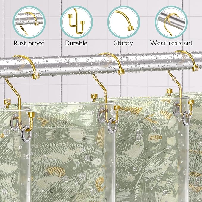 Bathway 12-Pack Double Shower Curtain Hooks, Rust-Resistant Metal Shower Curtain Rings with High-Low Design to Separate Liner & Curtain, Smooth Glide, Gold