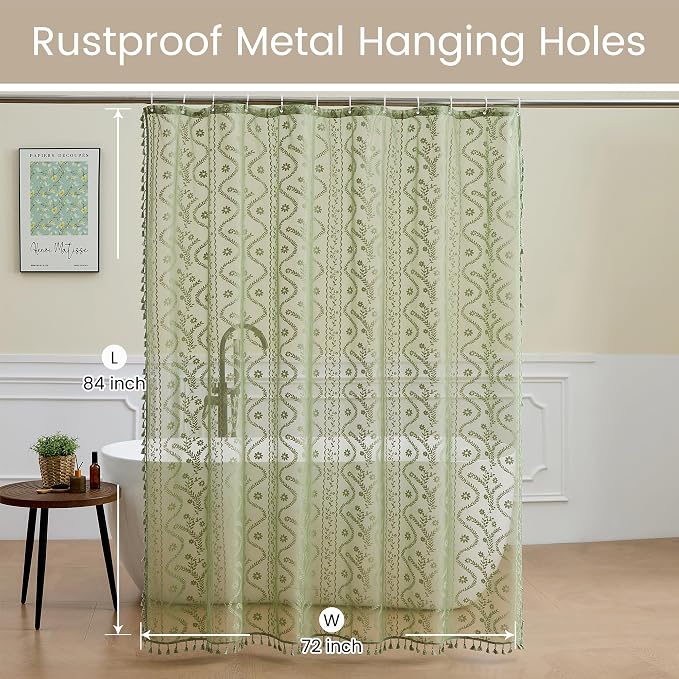 WAZZIO Sage Green Lace Shower Curtain - Vintage Pretty Floral Sheer Shower Curtains, Elegant Decorative Tassel Bath Curtains for Bathroom, 72 x 84 Inch, 1 Piece
