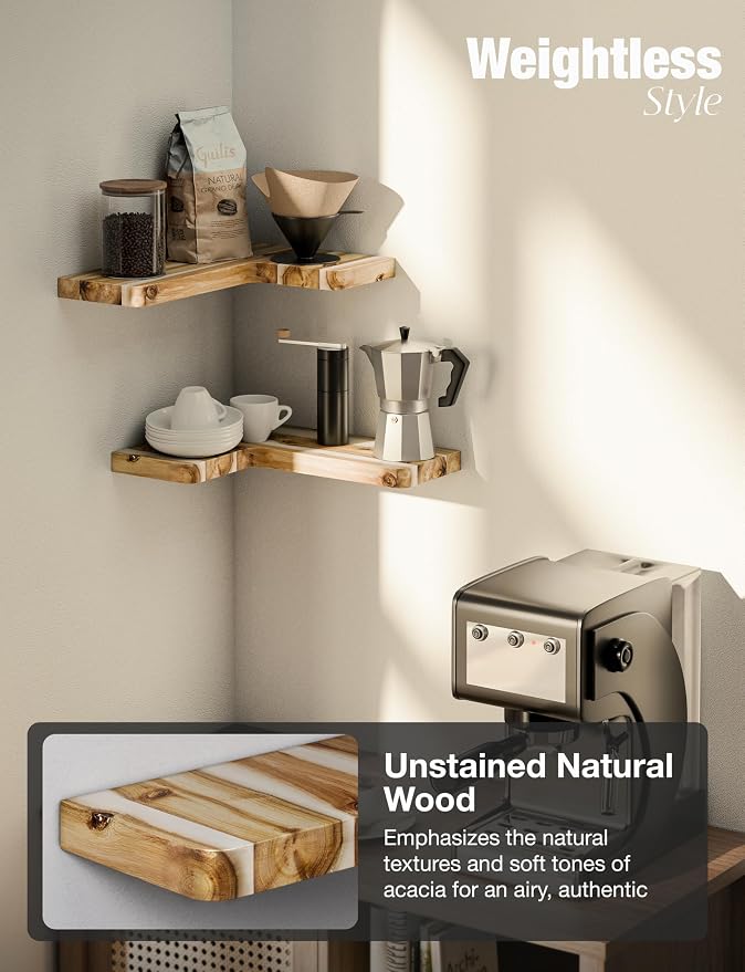BATODA Acacia Corner Floating Shelves 17“x12”, Wall Shelves - Floating Book Shelves for Wall, Corner Bookshelf for Home Decor - Wooden Shelves with Bracket and Hardware, Boho Decor (Natural Color)