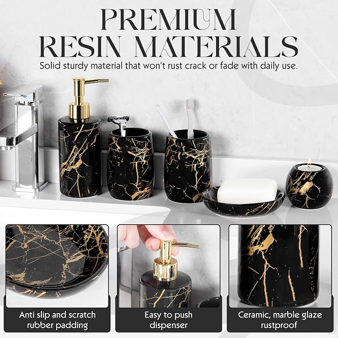 Ceramic Bathroom Accessory Set, 5-Piece Bathroom Accessory Set, Soap Dish, Toothbrush Holder, Soap Dispenser, Bathroom Tumbler & Candle Holder - Modern Bathroom Organizer, (Black & Gold)