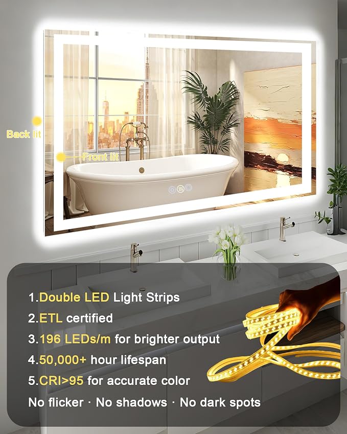 55x36 LED Bathroom Mirror, 6000LM, Separate Front and Back Lights | UL Certified,Shatter-Resistant Tempered Glass,Auto-Off Defogger,3 Color Modes,Smooth Dimming,Smart Memory Setting
