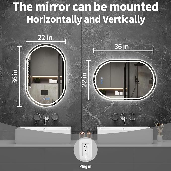 Oval LED Bathroom Mirror, 22"x 36" Frameless Lighted Mirror | LED Mirror with Front Light & Backlit, Anti-Fog, Dimmable Wall Mounted Lighted Mirror, Pill-Shaped Smart Bathroom Mirror