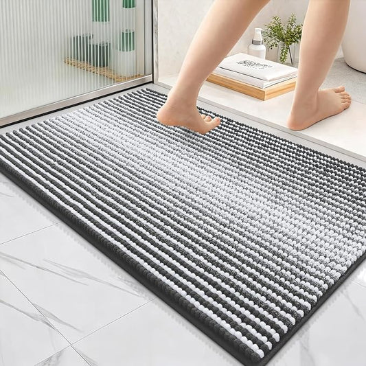 OLANLY Bathroom Rugs 36x24, Soft Chenille Striped Bath Rugs, Dark Grey | Extra Absorbent, Rubber Backing, Machine Wash Dry, Bath Mats for Bathroom Floor, Tub and Shower, Home Decor Accessories