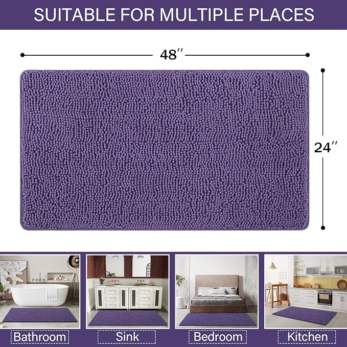 LOCHAS Luxury Bathroom Rug Shaggy Bath Mat 24 x 48 Inch, Dark Purple | Washable Non Slip Bath Rugs for Bathroom Shower, Soft Plush Chenille Absorbent Carpets
