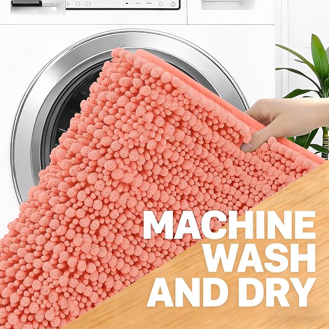 OLANLY Bathroom Runner Rugs 59x24, Thick Soft Absorbent Chenille Bath Rugs | Coral, Quick-Drying Rubber Backing, Long Shaggy Bath Mat, Machine Washable for Floor, Tub and Shower, Home Decor Accessories