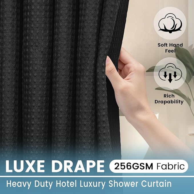 EUTXL 256GSM No Hook Waffle Weave Shower Curtain with Liner, 71x74, Black | Snap in Liner, Extra Thick, Heavy Drape, 3 in 1 Hotel Style Bath Curtain Set, Quick Dry, with Magnets, Waterproof & Washable
