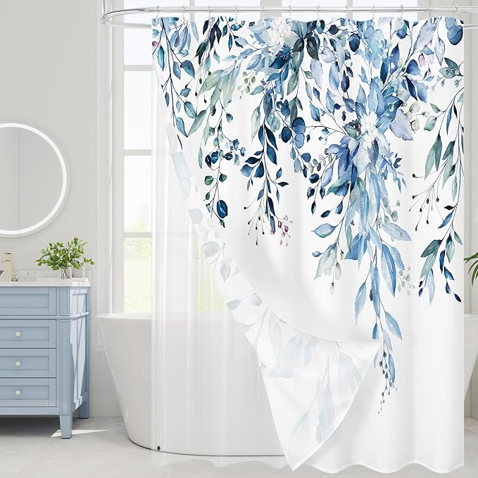 3 in 1 Shower Curtain Set, Blue Eucalyptus Curtain 72x84 | Bath Curtain and PEVA Liner Set with 12 Metal Hooks, Waterproof Fabric Bathroom Decor, Machine Washable, Rustproof Grommets