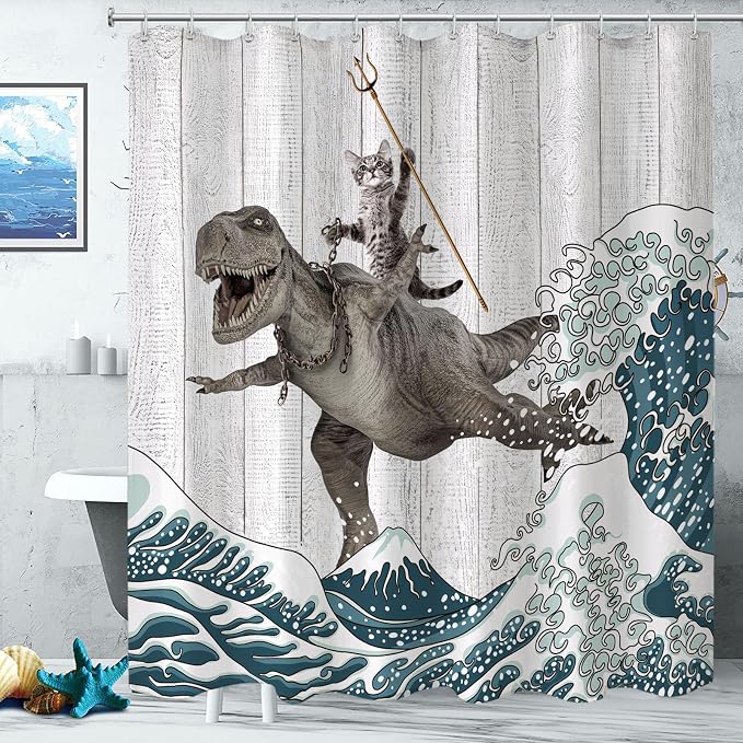 Fungarth Funny Cat Shower Curtain Dinosaur Ocean Sea Wave Shower Curtains for Bathroom Cool Waterproof Fabric Rustic Wooden Farmhouse Bath Curtain Decor with Hooks (Gray1, 72” x 72”)