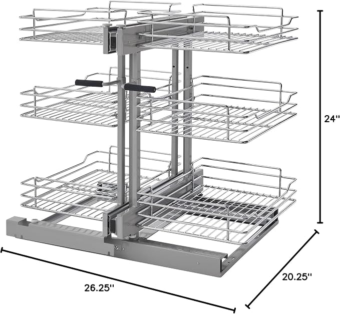 Rev-A-Shelf Chrome 3-Tier Wire Pullout Organizer with Soft-Close for Blind Corner Kitchen/Bathroom Cabinets, Adjustable 6-Basket Storage System, Min Opening Width of 15", 5PSP3-15SC-CR
