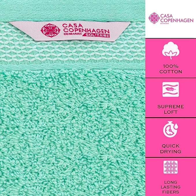 CASA COPENHAGEN Solitaire 6 Pieces Towel Set- Aqua Blue, 600 GSM 2 Bath Towel 2 Hand Towel 2 Washcloth, Designed in Denmark Made of Soft Egyptian Cotton for Bathroom, Kitchen & Shower