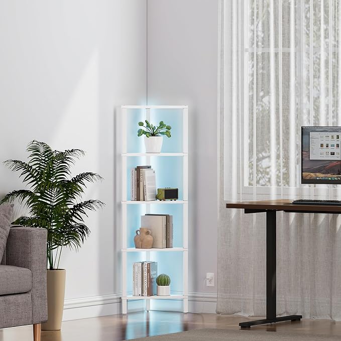 TUTOTAK Corner Shelf with LED Light, 5-Tier Corner Bookshelf | for Small Space, Narrow Display Corner Shelf Stand with Storage Rack, for Living Room, Bedroom, White BS05BW005L