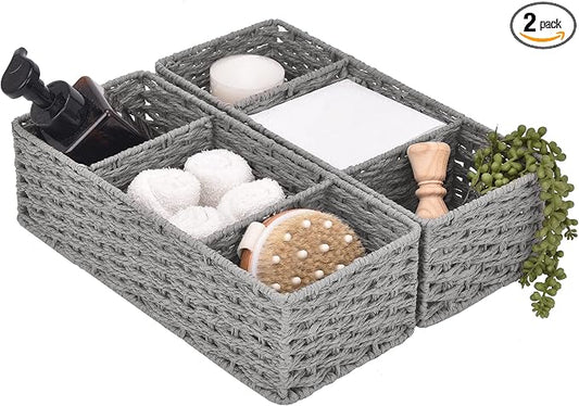 StorageWorks Toilet Paper Basket, Paper Rope Woven Toilet Tank Basket, Gray | Wicker Basket, Toilet Paper Storage for Back of Toilet Tank, Woven Baskets for Shelves, Wicker Baskets with 3 Compartments