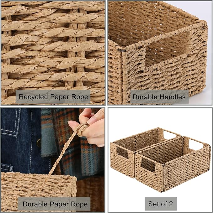 Wicker Storage Basket, Set of 2 Hand-Woven Paper Rope Wicker Basket, Small Storage Baskets for Organizing Toilet Paper Basket, Foldable Large Cube Storage Organizer Bins for Shelves (Natural)