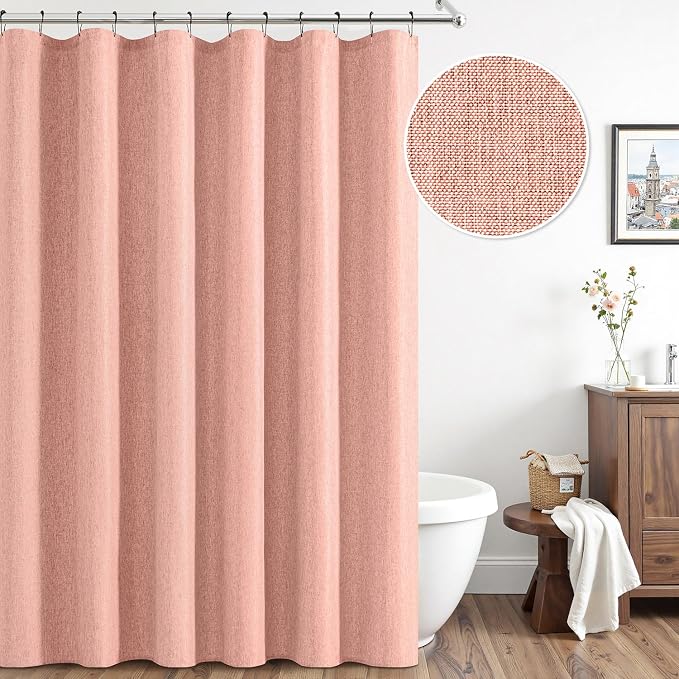 ANRODUO Blush Pink Linen Textured Fabric Shower Curtain Set - W72xL72 | Farmhouse Shower Curtain with 12 Metal Hooks, Waterproof Heavy Duty, Button Hole Design, Machine Washable for Bathroom