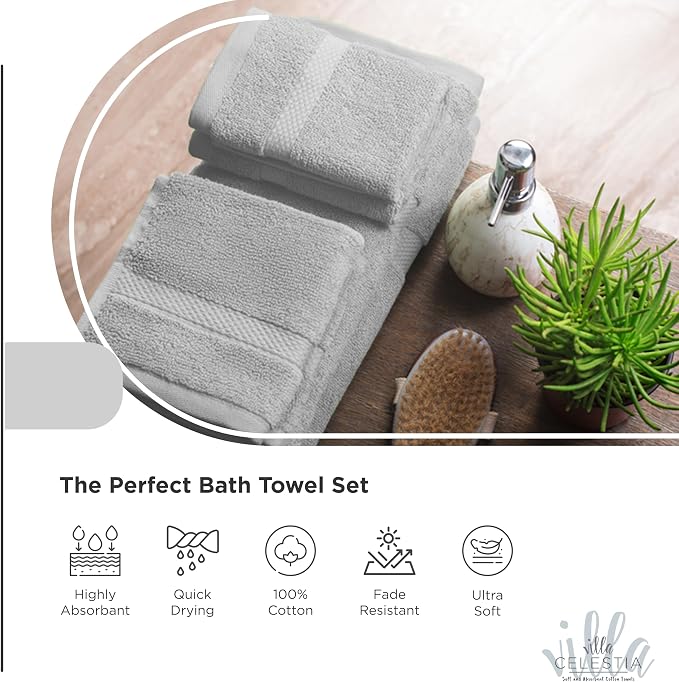 Villa Celestia 10-Piece 100% Cotton Towel Set, 2 Bath Towels, 4 Hand Towels, 4 Wash Cloth, Quick-Dry, Silver