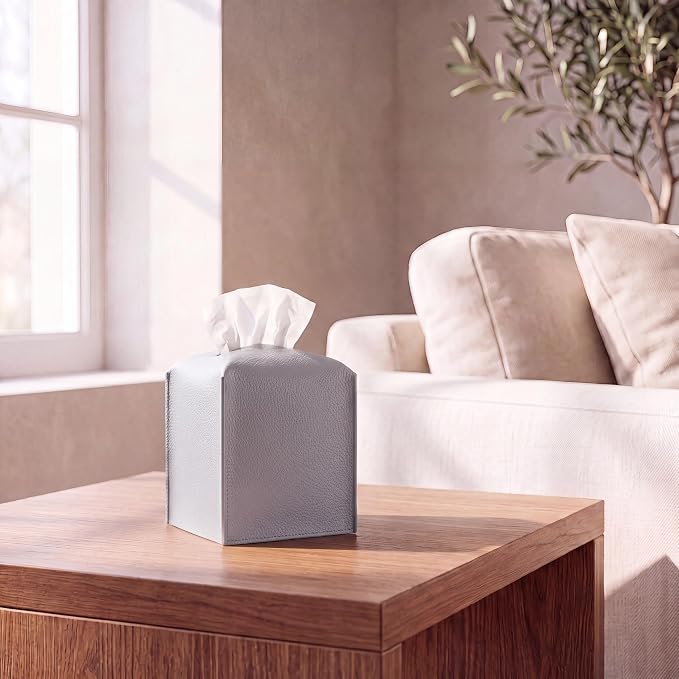 Premium PU Leather Tissue Box Holder - Elegant Hotel-Style Tissue Box Cover for Home, Office & Car Décor, Tissues Cube Organizer for a Natural & Classic Look (Light Grey)