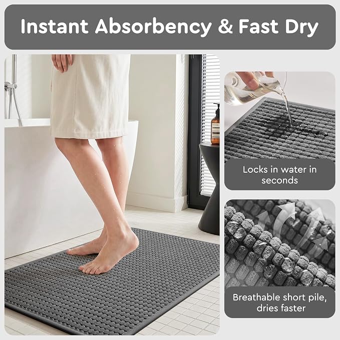tchdio Bathroom Runner Rug, Absorbent Washable Thin Bath Mat, Non Slip Quick Dry Bath Rugs with Solid Rubber Backing, Low Profile Bath Mat, Grey, 24" x 48"