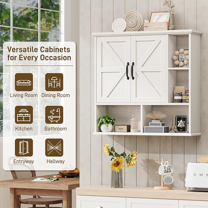 Bathroom Wall Cabinet, Farmhouse Medicine Cabinet with Doors, Rustic White | Over The Toilet Storage Cabinet with Double Barn Door and Adjustable Wood Shelf for Wall Mounted for Bathroom Laundry Kitchen