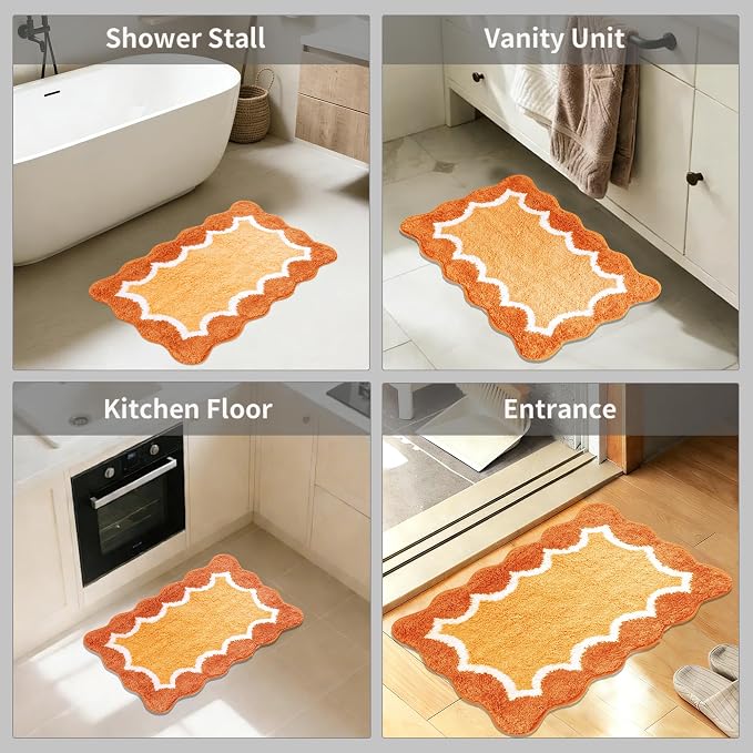 Scalloped Orange Bathroom Rugs Mat,Non Slip Absorbent Quick Dry Bath Mats for Shower Room,Plush Microfiber Bath Rug for Bathroom Floor Washable Carpet for Shower Tub Sink Bedroom,16"x24"