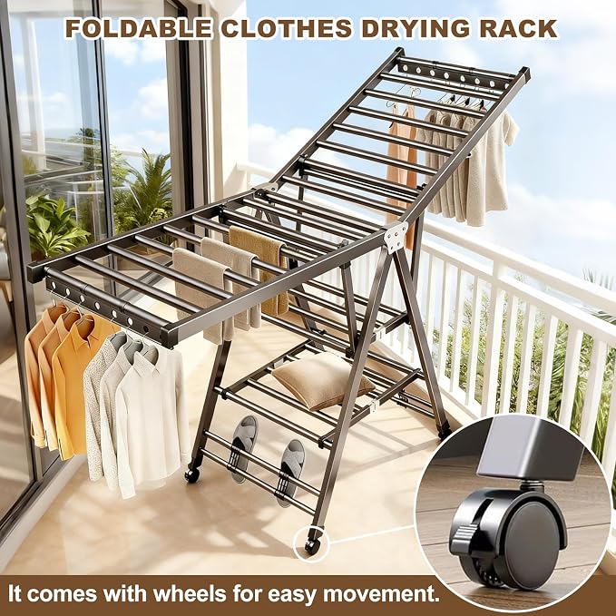 Heavy Duty 3-Tier Clothes Drying Rack with Wheels, Large 5.9ft | Shoe Rack, Foldable Metal Laundry Stand, Portable Collapsible, Clothing Hanger, Indoor Outdoor Use in Laundry Room