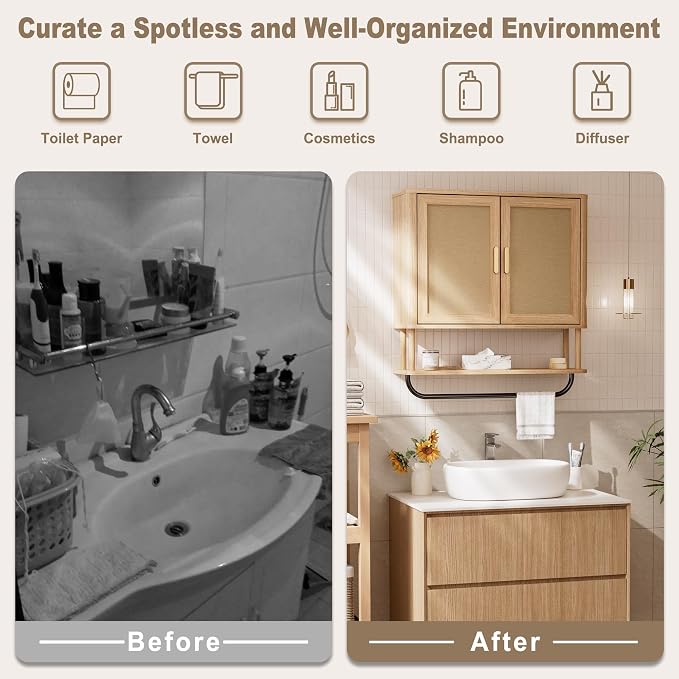 Rattan Bathroom Wall Cabinet with Towel Bar, Wall-Mounted Medicine Cabinet with Adjustable Wood Shelf & Doors, Over the Toilet Storage Cabinet for Laundry Room & Kitchen & Living Room