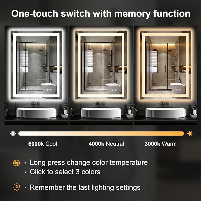 32x24 LED Bathroom Mirror with Lights, Lighted Vanity Mirror for Wall | Front and Backlit, Anti Fog, Dimmable 3 Color Lighting, Memory Function, Shatter Resistant Glass, Plug in or Hardwired