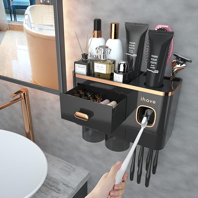iHave Toothbrush Holders Bathrooms Wall Mount Toothpaste Dispenser & 2 Cups | Luxury White & Gold Bathroom Decor:2 Cups, 6 Slots, Toothpaste Dispenser, Large Tray & Drawer Wall Mount Toothbrush Organizer