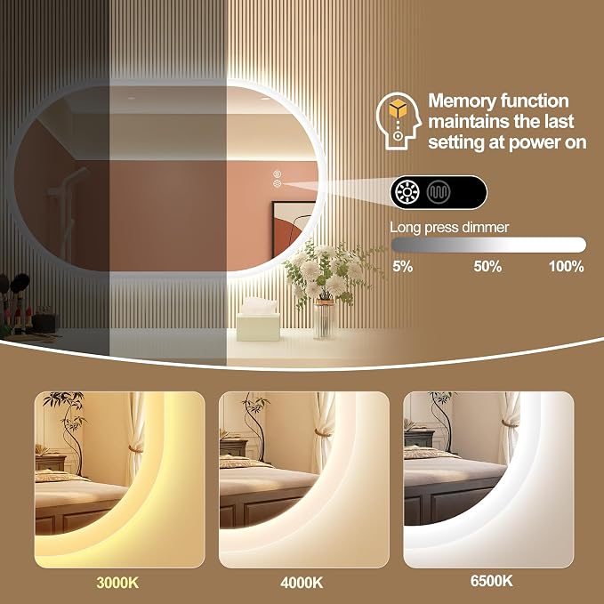 STARLEAD 32"x20" LED-Bathroom-Mirror-with-Lights, Wall-Mounted with Anti-Fog, 3 Color Temperature, Dimmable Brightness, Waterproof, Tempered Glass, Frontlit & Backlit, Oval