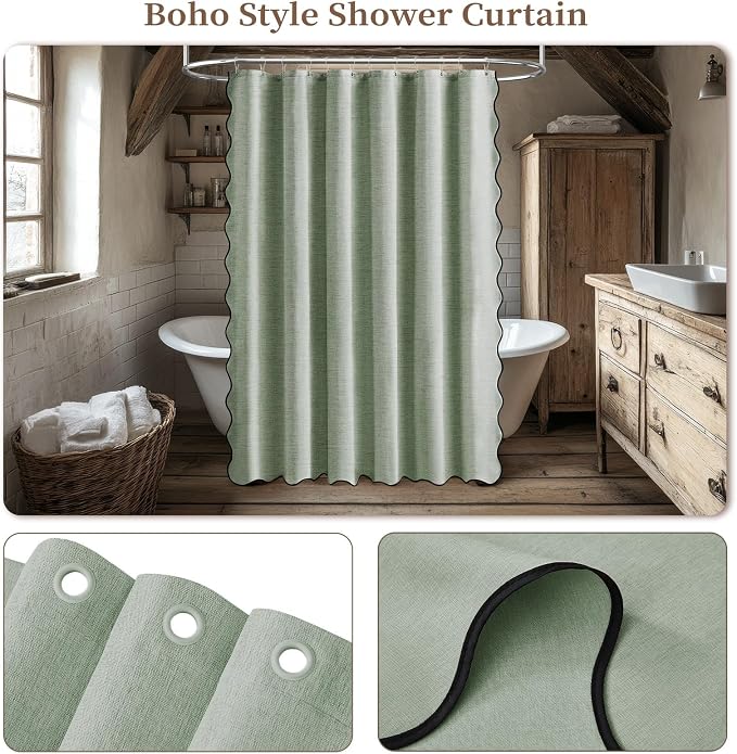 72x90 Boho Scalloped Linen Textured Cloth Shower Curtain, Sage Green | Long Size, 230GSM Waterproof Polyester, Heavy Duty Fabric, 12 Plastic Hooks, Elegant Modern Farmhouse Style, Machine Washable
