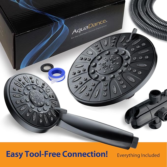 AquaDance 7" Premium High Pressure 3-way Rain & Handheld Shower Head Combo | Enjoy Dual 6-Setting Luxury Shower Heads Separately or Together for the Best of Both Worlds! Stainless Steel Hose - Black