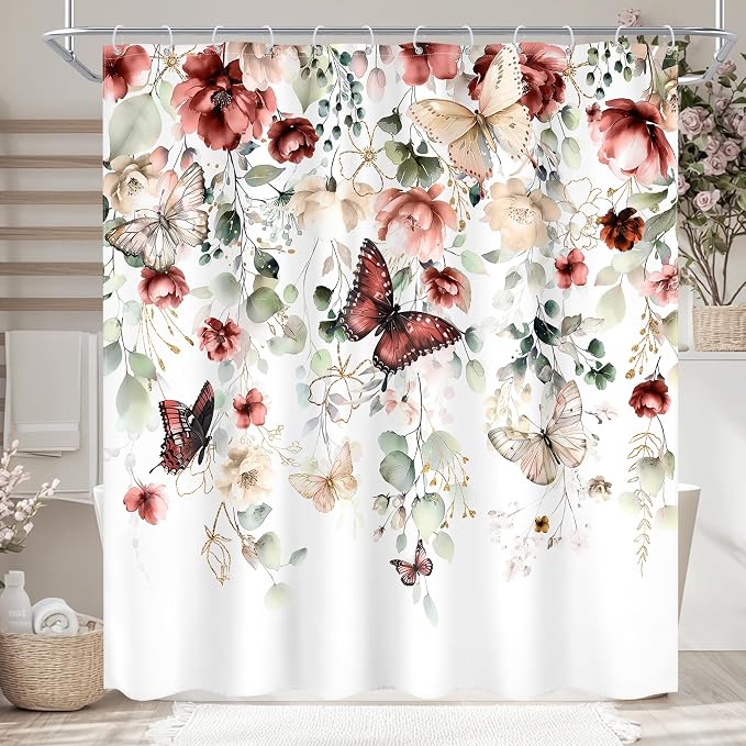 Red Floral Butterfly Summer Spring Plant Bathroom Shower Curtain Set | 72"W x 72"L Natural Gold style, clear shower print, fast-dry fabric and hooks for a simple bath update.