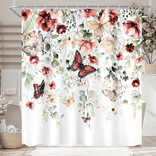 Red Floral Butterfly Summer Spring Plant Bathroom Shower Curtain Set | 72"W x 72"L Natural Gold style, clear shower print, fast-dry fabric and hooks for a simple bath update.