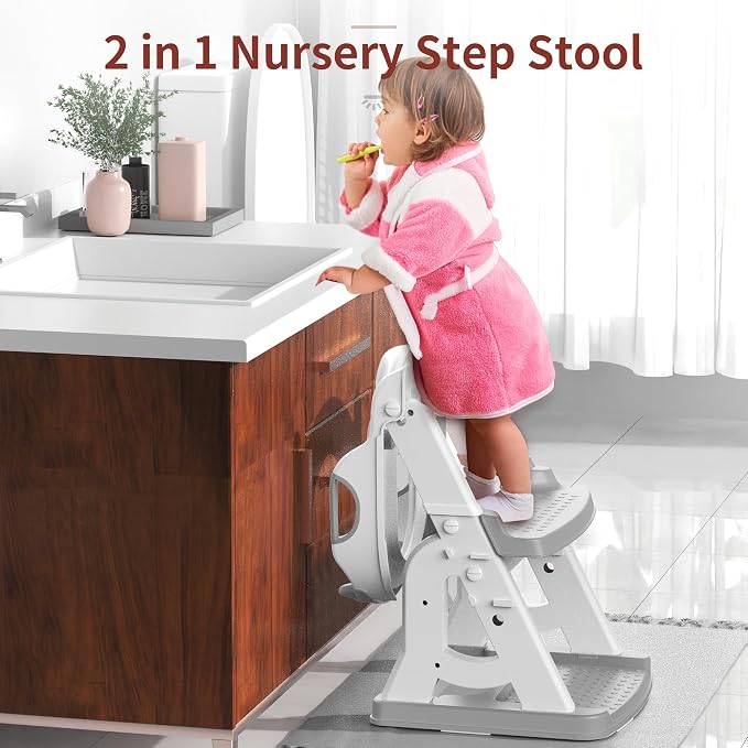 Meulife Potty Training Seat, Upgrade 2 in 1 Potty Training Toilet for Toddler, Toddler Toilet Seat for Boys Girls with Support Bar, Anti-Slip Pad and Step Stool (Grey)