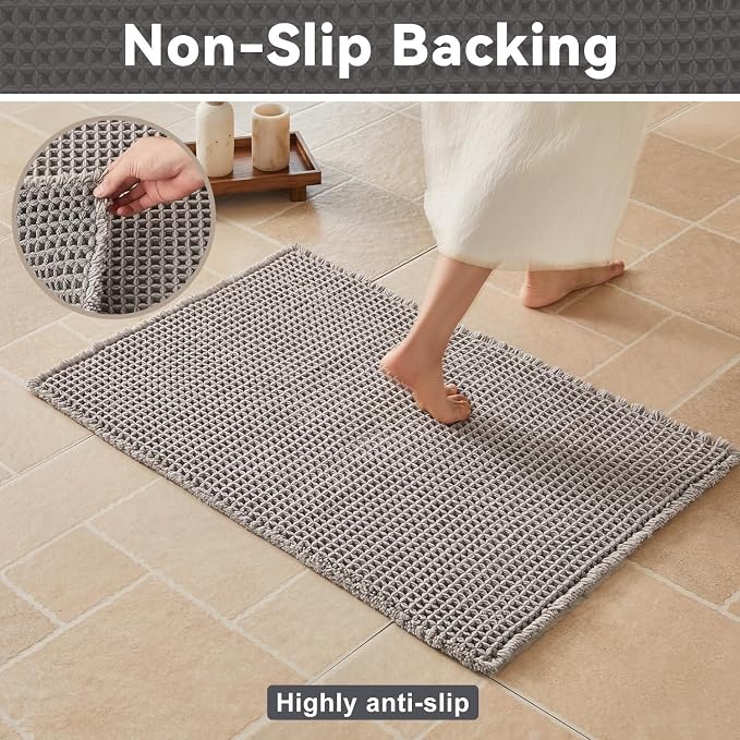 Triohero Waffle Bath Mat, Boho Bathroom Rugs Non Slip Washable, Ultra Soft Super Absorbent Quick Dry Farmhouse Bathroom Decor, 24" x 36", Light Grey