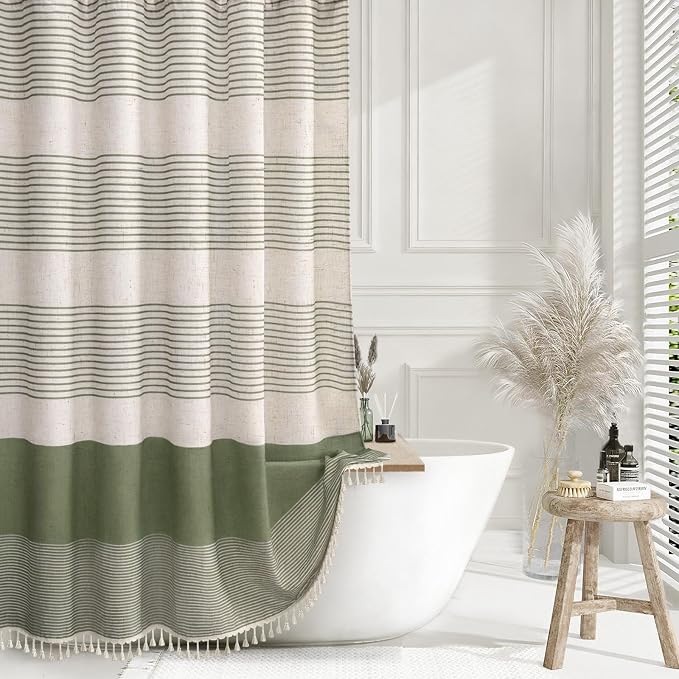 Sage Green Boho Linen Striped Shower Curtain with Tassel 72"W X 72"L | Boho Farmhouse Shower Curtains with Linen Texture for Bathroom Decor