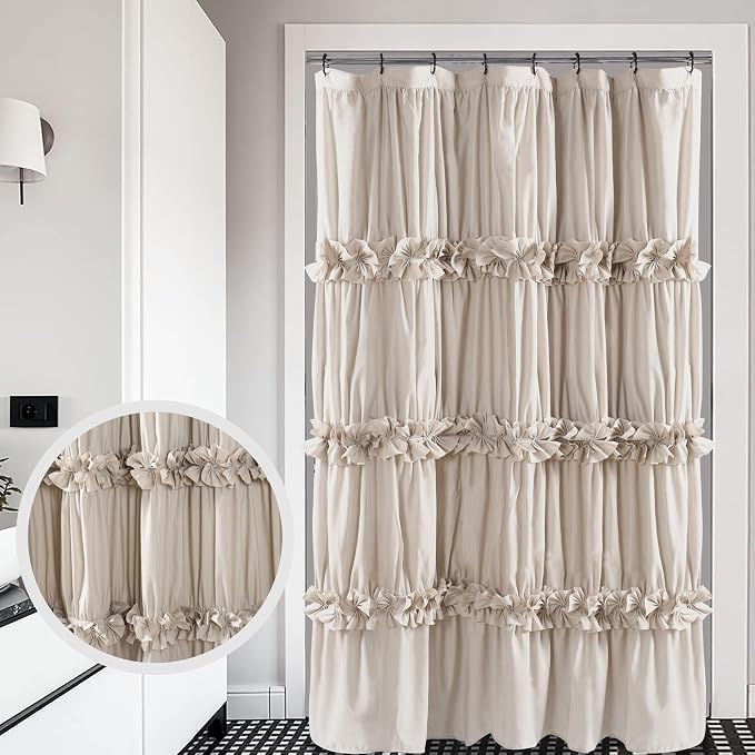 Camel Ruffle Stall Shower Curtain, Vintage Handcrafted Bow Tie Bath Curtain for Master Bathroom, Ruched Microfiber Bathroom Curtain with 8 Buttonholes, 48" W x 72" H (LQ-10)