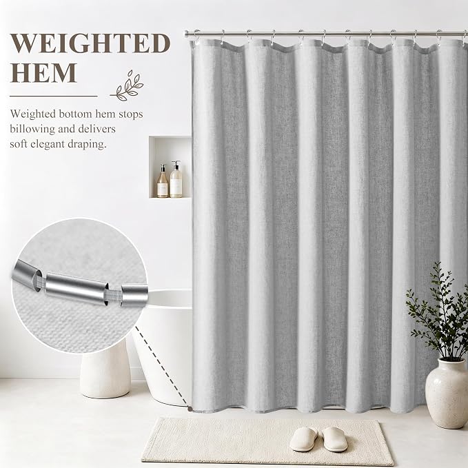 Jowels Gray Linen Fabric Shower Curtains for Bathroom, 72x72 | Grey Linen Shower Curtains Set, Waterproof Washable Weighted Textile, Metal Hooks, Hotel Boho Farmhouse Bathroom Decor