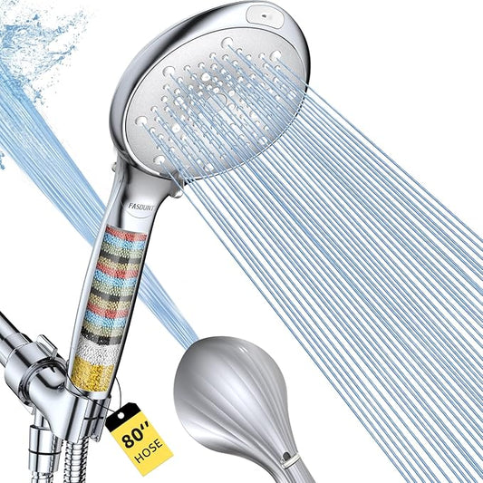 Filtered Shower Head with Handheld, High Pressure 8 Sprays, Chrome | 80" Long Stainless Hose, Built-in Power Wash, Water Softener Filter Beads for Hard Water - Remove Chlorine, Reduce Dry Skin
